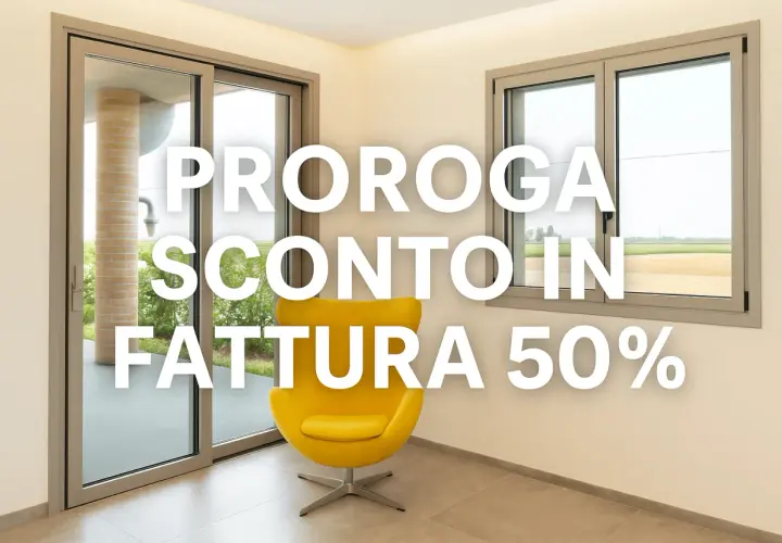 Interno moderno con poltrona gialla e testo "Proroga sconto in fattura 50%".