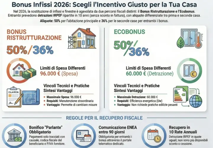 Infografica sui bonus fiscali per infissi nel 2026, con focus su Bonus Ristrutturazione ed Ecobonus, in linea con la direttiva europea efficienza energetica.