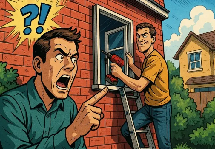 Uomo arrabbiato indica un altro che sta installando finestre su proprietà privata.