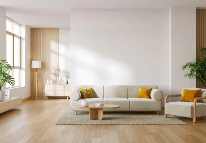 Soggiorno moderno con divano beige, poltrona, tavolino in legno e piante. Perfetto per abbinare porte e infissi con stile.