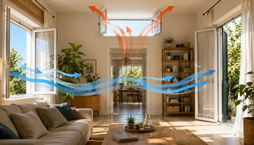 Flussi d'aria che entrano ed escono da una casa, illustrando come gestire le fasce climatiche interne per un comfort ottimale.