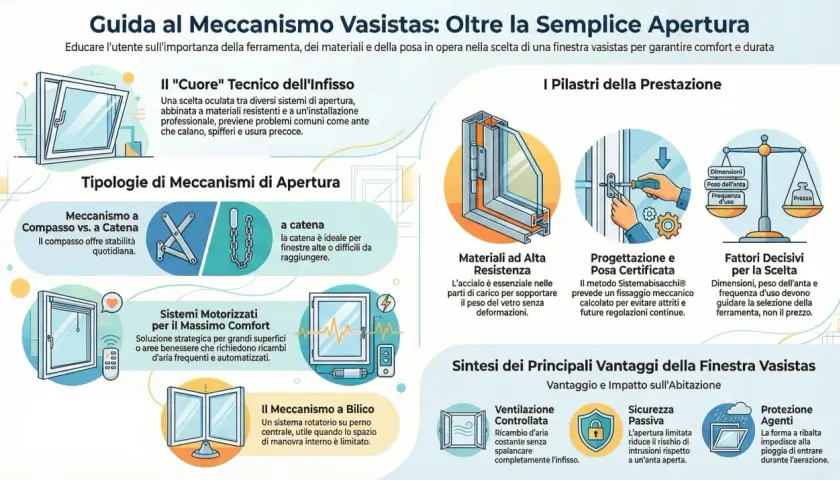 Guida al meccanismo vasistas: illustra i tipi di apertura, come il compasso e la catena, e i sistemi motorizzati, evidenziando l'importanza della ferramenta.
