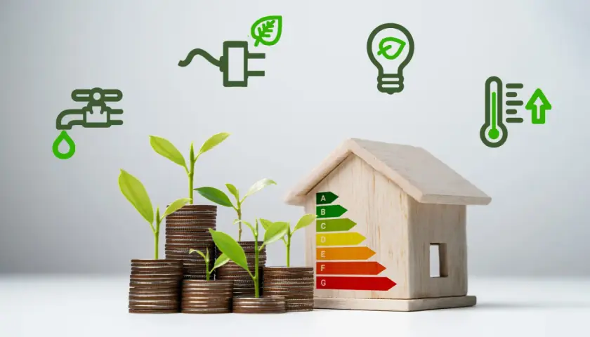 Wooden house with energy rating, coins with plants, and eco icons.