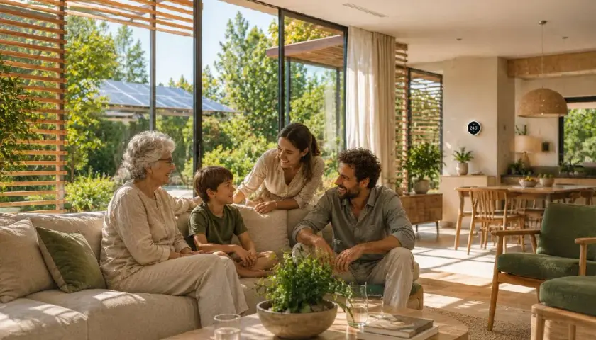 Famiglia riunita in un soggiorno luminoso, godendo del benessere abitativo. La luce naturale inonda lo spazio, creando un'atmosfera serena.