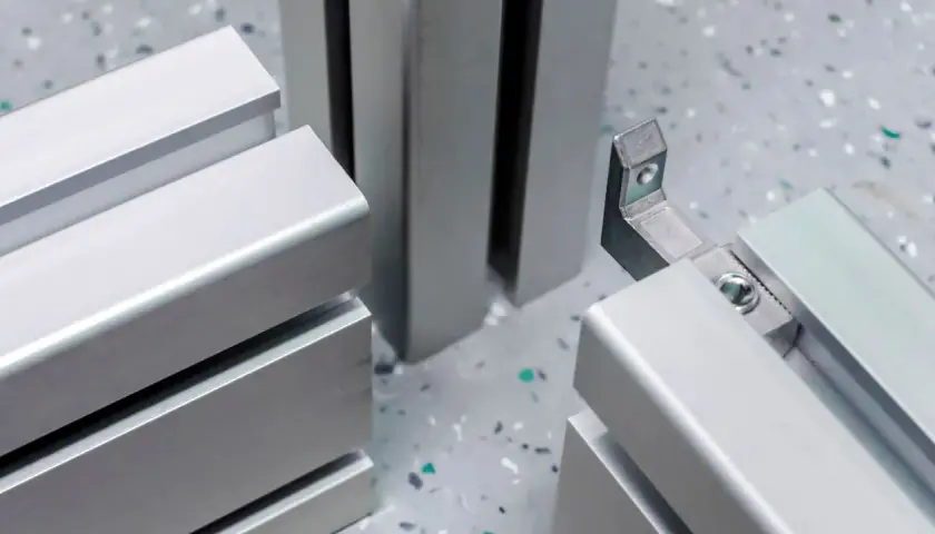 Dettaglio di profili in alluminio estruso, pronti per essere assemblati con connettori angolari.