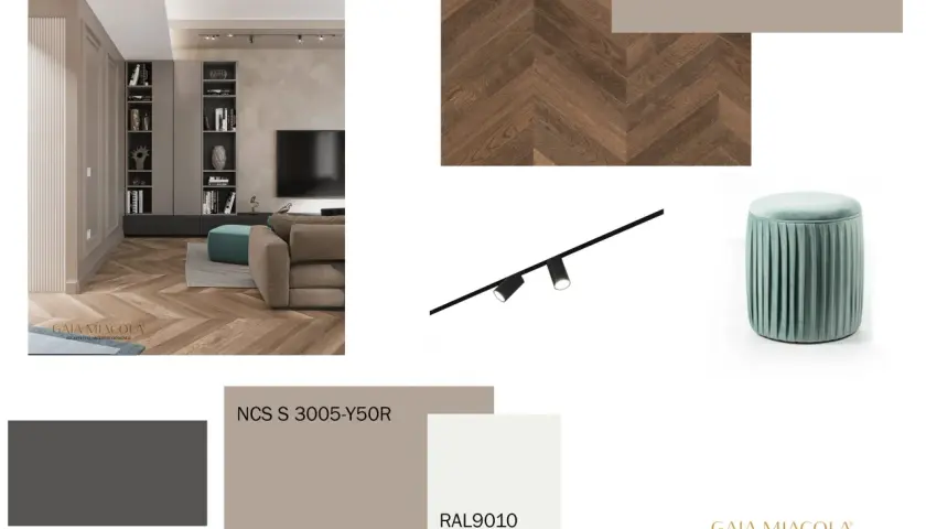 Moodboard con parquet a spina di pesce, tessuti e campioni colore, tra cui un elegante color tortora, per un progetto d'interni.
