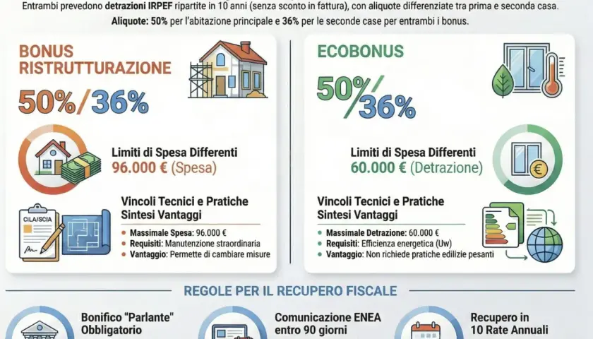 Infografica sui bonus fiscali per infissi nel 2026, con focus su Bonus Ristrutturazione ed Ecobonus, in linea con la direttiva europea efficienza energetica.