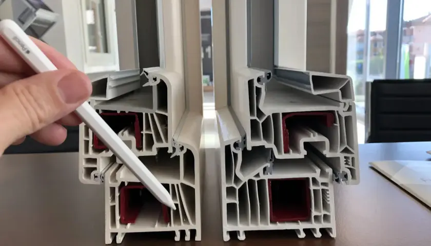 Sezione di profili per finestre in PVC che illustra i valori di isolamento termico e acustico.