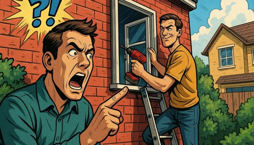 Uomo arrabbiato indica un altro che sta installando finestre su proprietà privata.