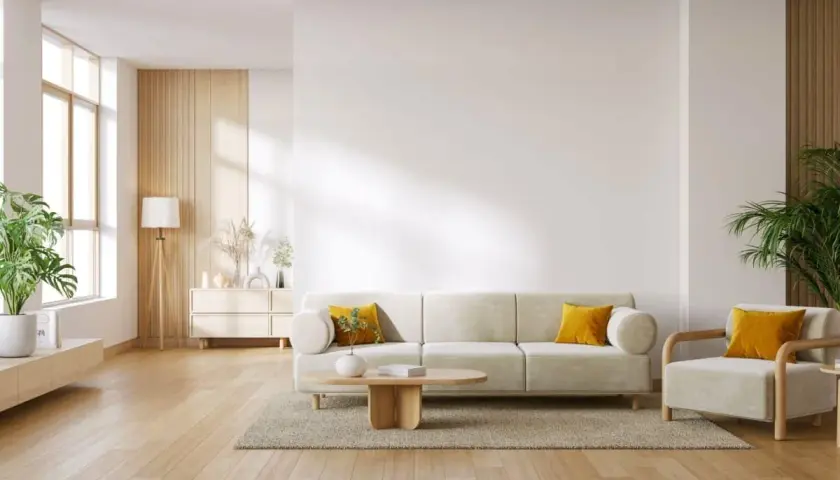 Soggiorno moderno con divano beige, poltrona, tavolino in legno e piante. Perfetto per abbinare porte e infissi con stile.