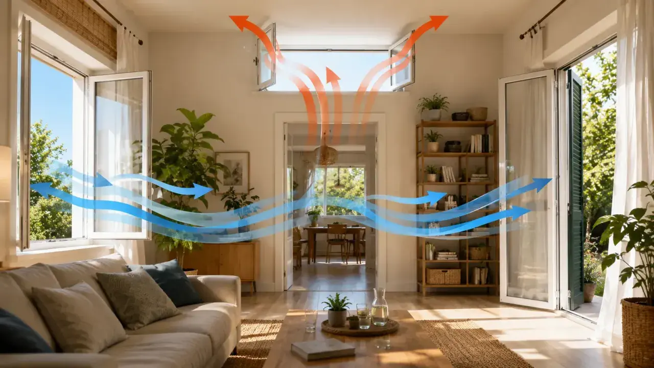 Flussi d'aria che entrano ed escono da una casa, illustrando come gestire le fasce climatiche interne per un comfort ottimale.