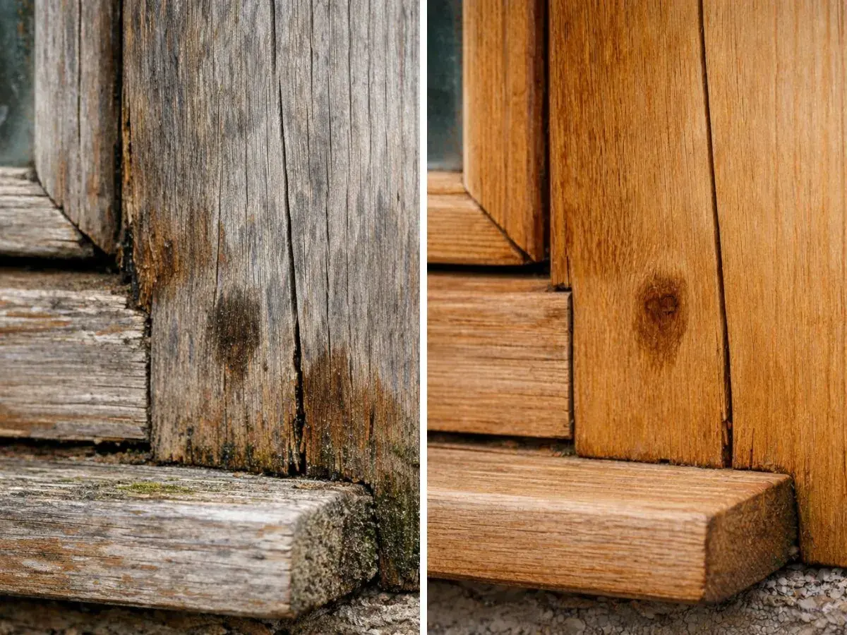 Prima e dopo: come pulire infissi in legno. Il legno vecchio e grigio diventa caldo e rinnovato, mostrando la bellezza naturale.