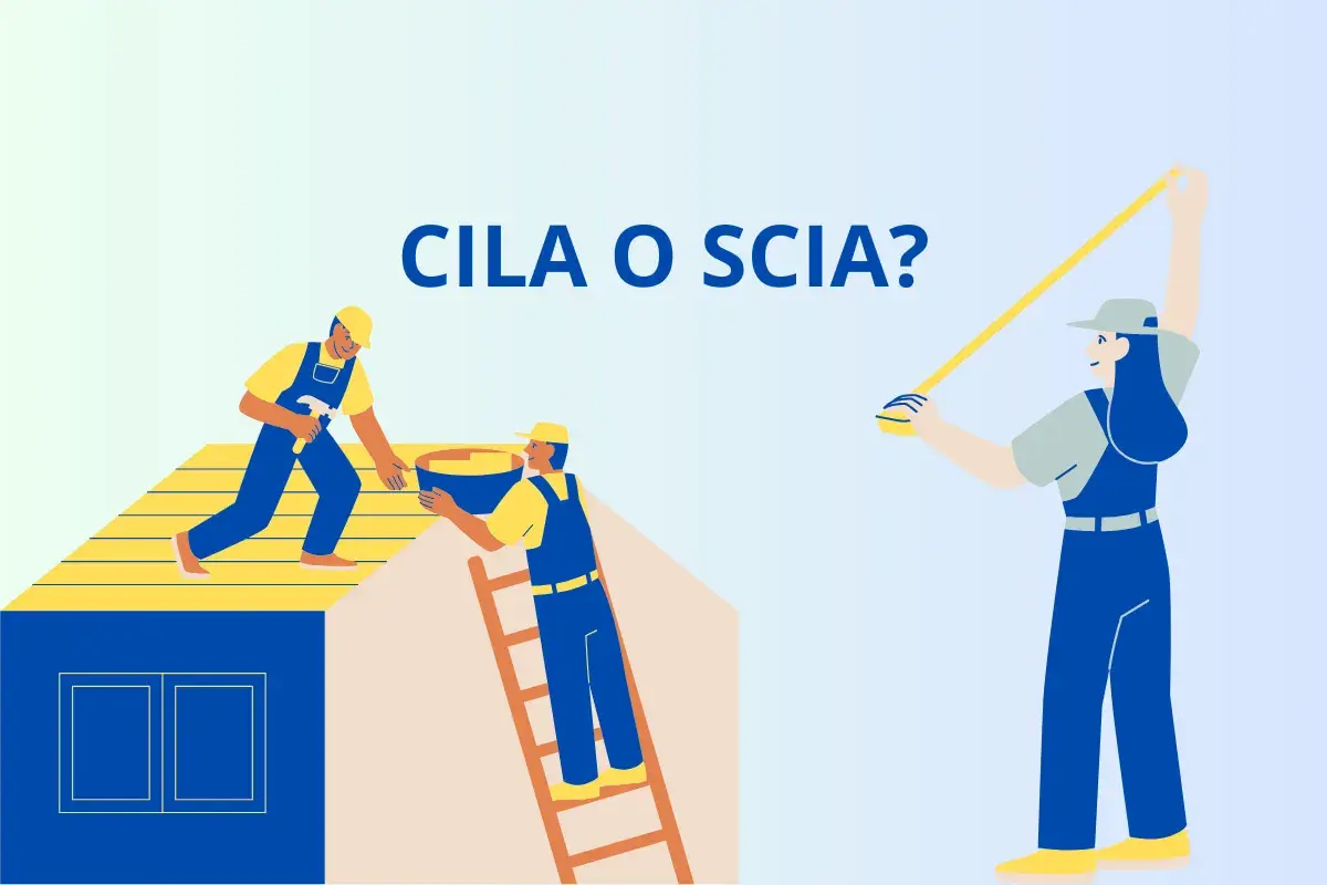 Operai al lavoro sul tetto, uno con martello, l'altro con secchio. Una donna misura. CILA o SCIA? Permessi per lavori edilizi.
