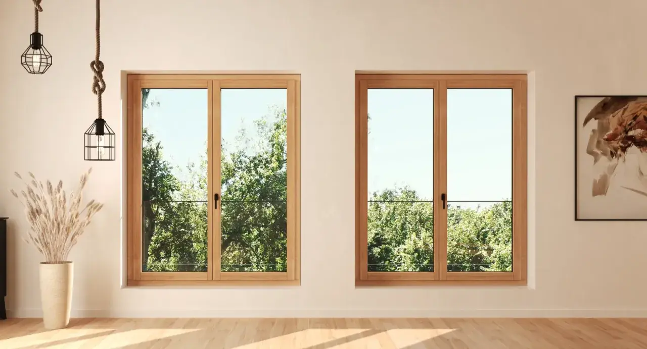 Finestre con profili in alluminio legno, che incorniciano un rigoglioso giardino verde.