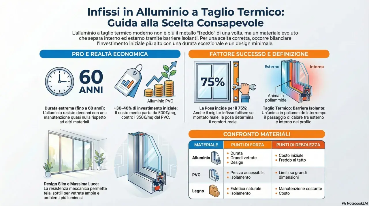 Infissi in alluminio a taglio termico: guida alla scelta. L'anima in poliammide isola, garantendo comfort e durata eccezionale.