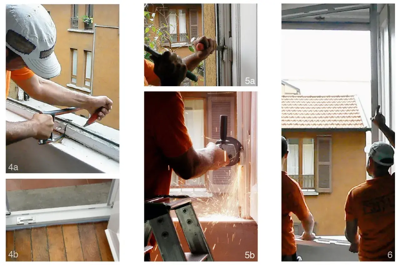 Lavoratori impegnati nel cambio finestre: rimozione vecchi telai con attrezzi e smerigliatrice, installazione nuove finestre.