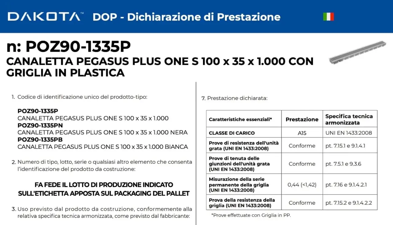 Dichiarazione di prestazione DOP per canaletta POZ90-1335P con griglia in plastica, con specifiche tecniche armonizzate.