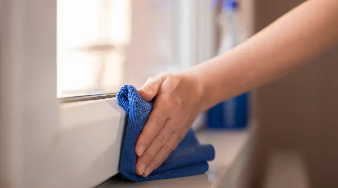 Mano pulisce davanzale con panno blu. Un flacone di detergente è sullo sfondo. Scopri come pulire gli scuri in legno.