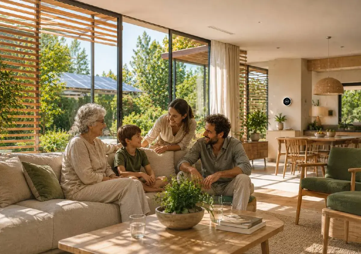 Famiglia riunita in un soggiorno luminoso, godendo del benessere abitativo. La luce naturale inonda lo spazio, creando un'atmosfera serena.