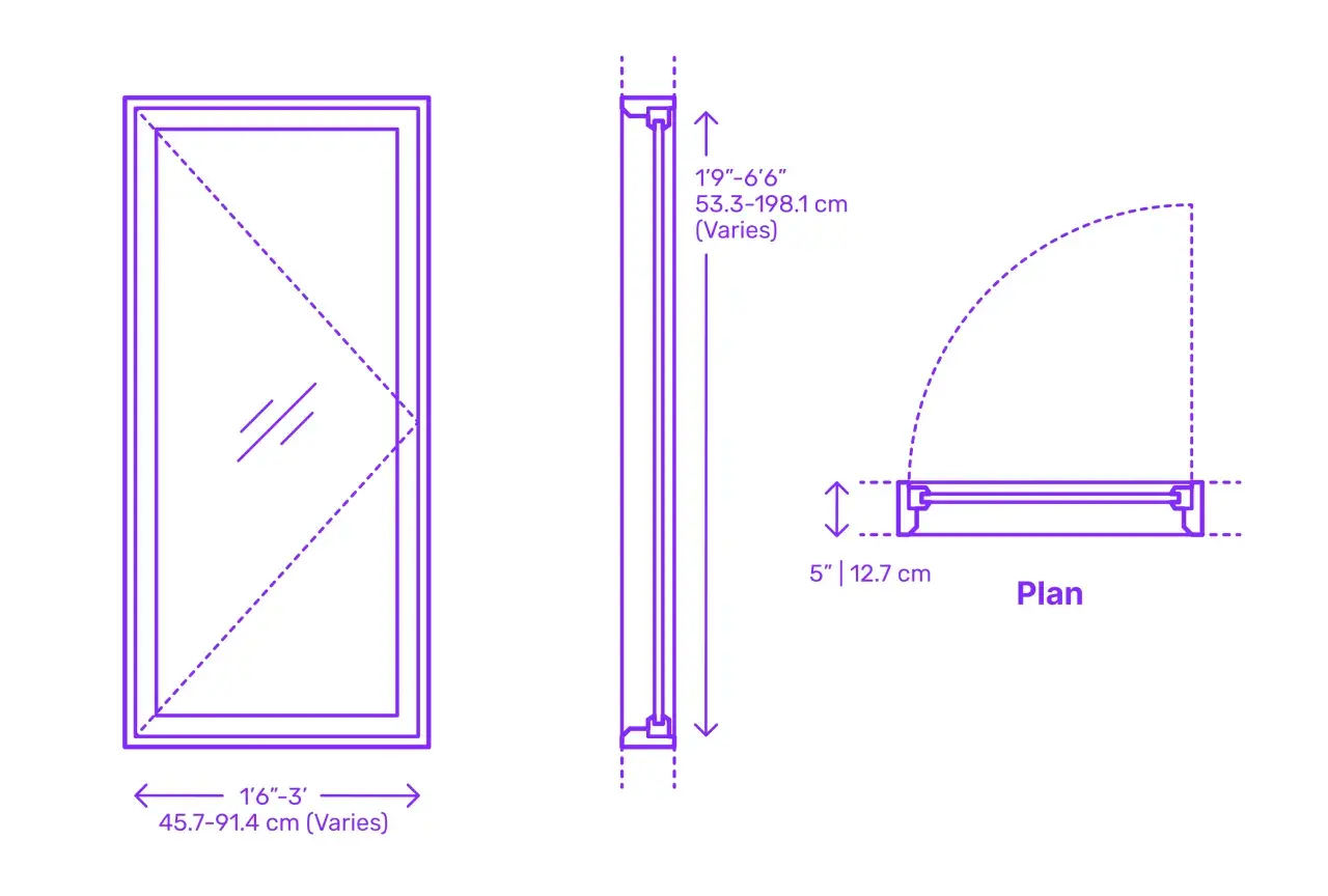 Disegno tecnico di una finestra a battente con misure. Vista frontale, laterale e in pianta.
