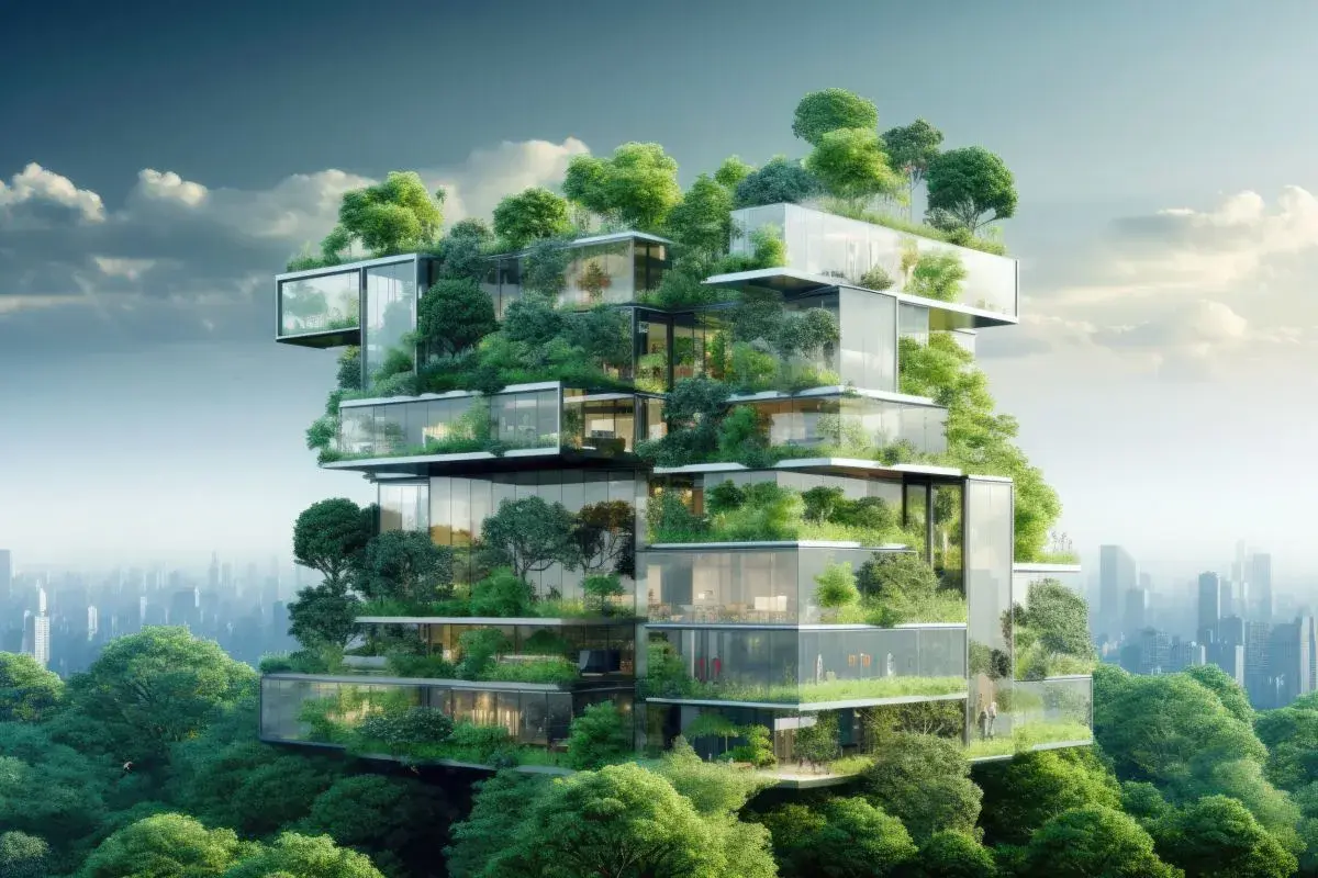 Edificio moderno con terrazze verdi e vetrate, un esempio di architettura bioclimatica integrata nella natura.