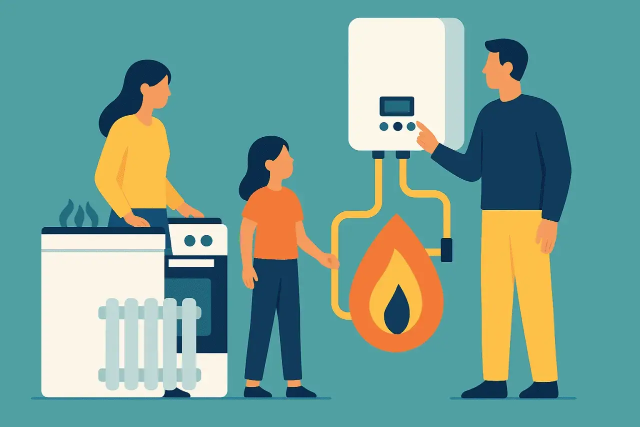 Famiglia che impara a risparmiare gas riscaldamento, con un padre che regola la caldaia e una madre e figlia vicino a un termosifone e fornelli.
