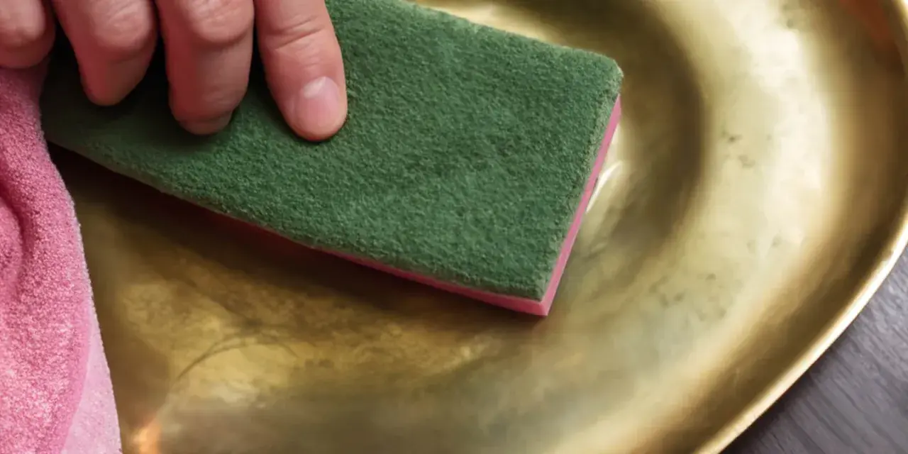 Preparazione per verniciare infissi alluminio dorato: una mano lucida una superficie dorata con una spugna abrasiva verde.
