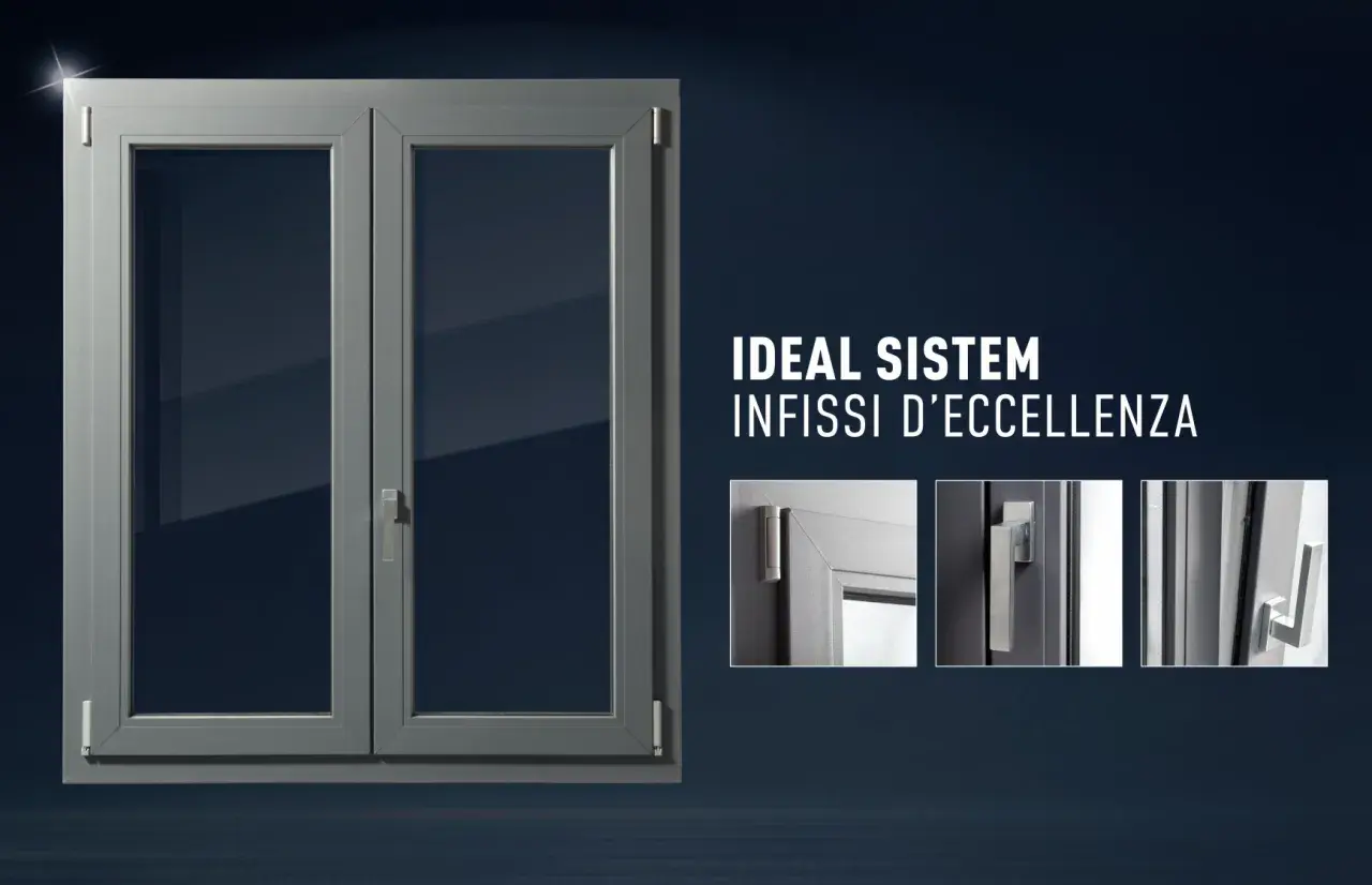 Finestra grigia a doppio battente, con dettagli maniglie e cerniere. Scopri il bonus finestre come funziona con Ideal Sistem.