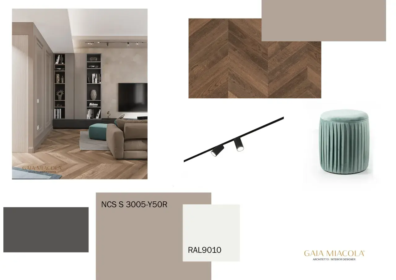 Moodboard con parquet a spina di pesce, tessuti e campioni colore, tra cui un elegante color tortora, per un progetto d'interni.