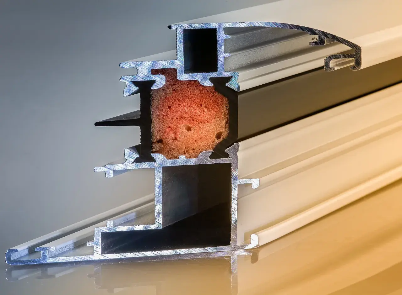 Sezione di un profilo per finestre: alluminio è un metallo leggero e resistente, con inserto isolante rosso e guarnizioni nere.