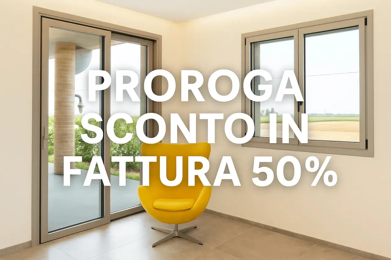 Interno moderno con poltrona gialla e testo "Proroga sconto in fattura 50%".