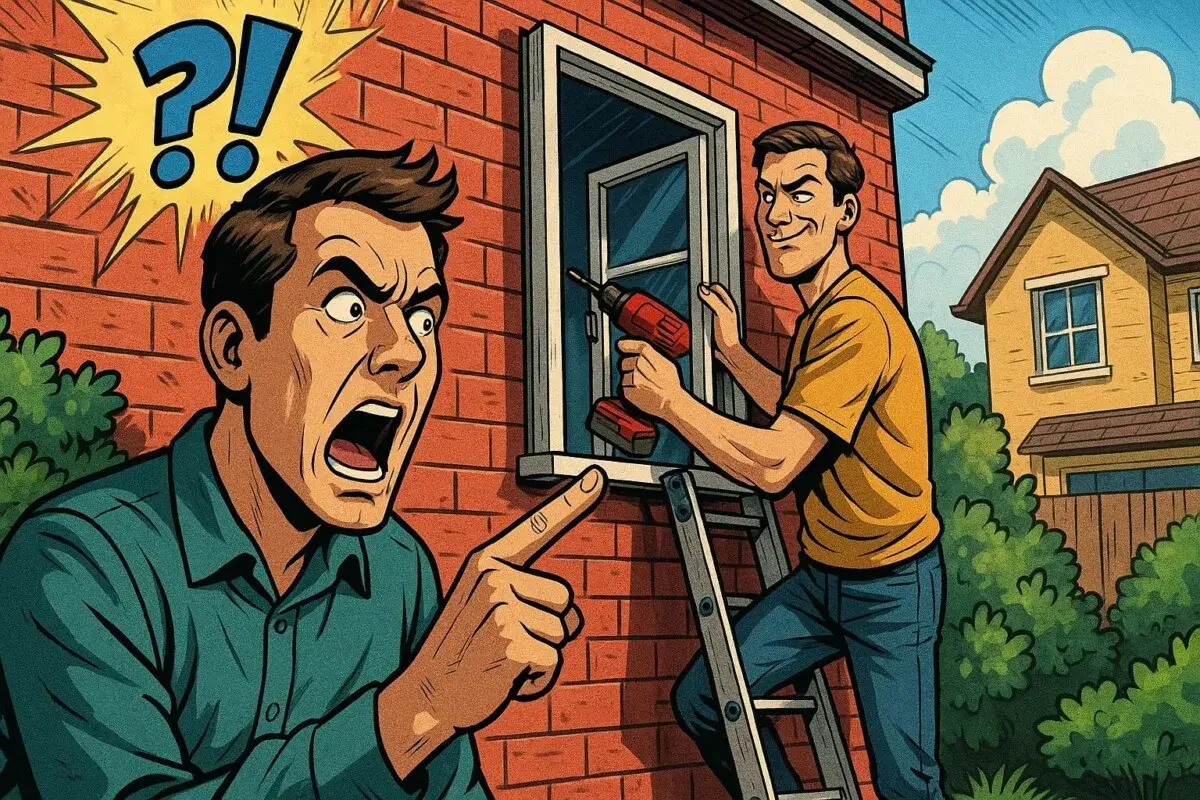Uomo arrabbiato indica un altro che sta installando finestre su proprietà privata.
