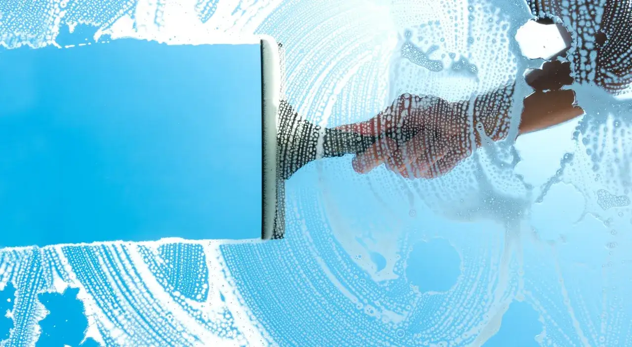 Mano con tergivetro pulisce vetri esterni molto sporchi, creando schiuma e striature su sfondo azzurro.