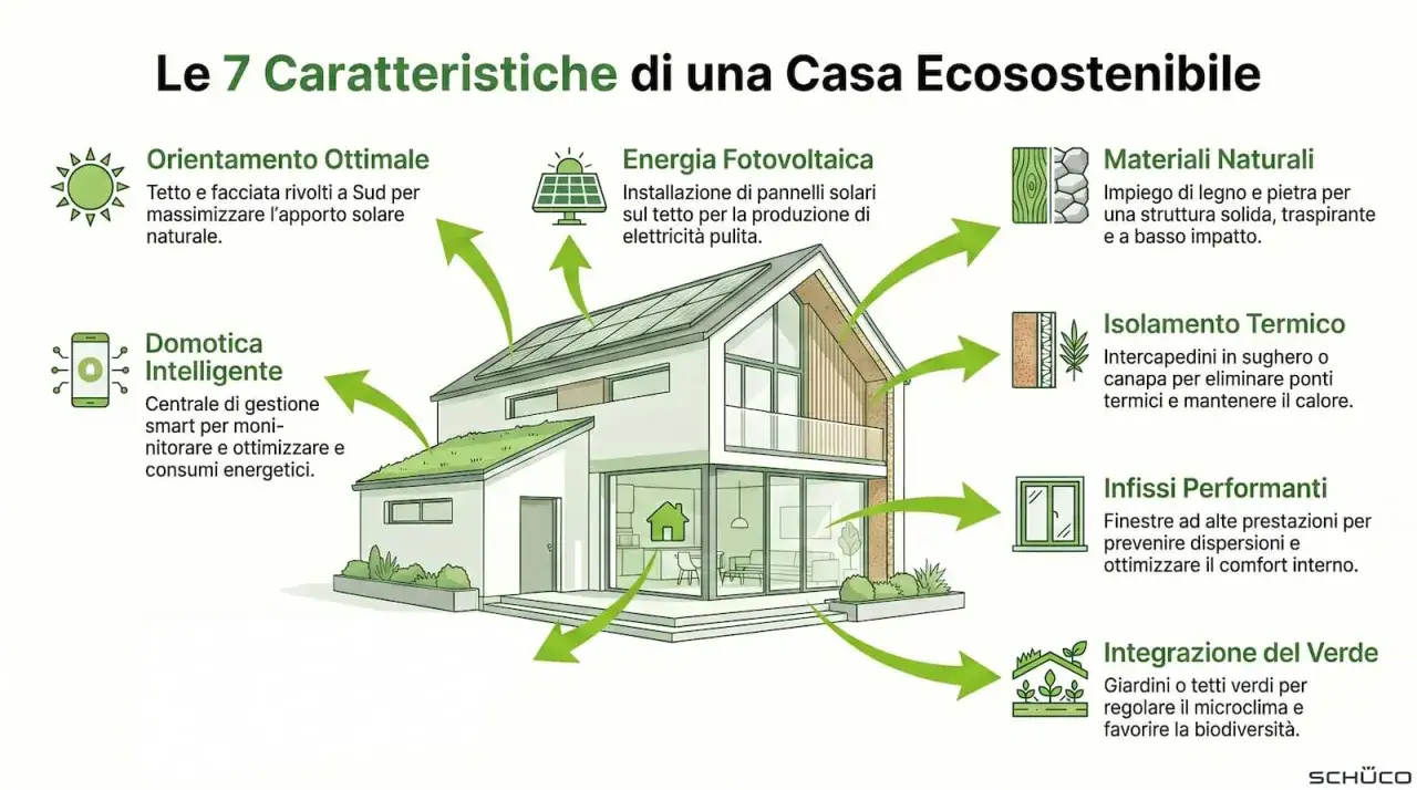 Le 7 caratteristiche di una casa ecosostenibile: orientamento, fotovoltaico, materiali naturali, domotica, isolamento, infissi performanti e integrazione del verde.