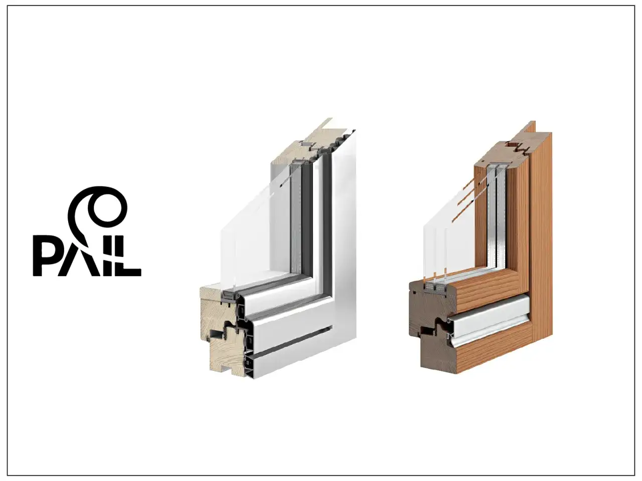 Sezioni di infissi in legno con rivestimento in alluminio e infissi in legno puro.