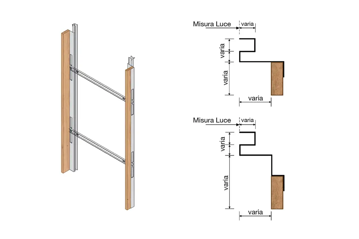 Dettaglio costruttivo del vano finestra con profili metallici e pannelli in legno, corredato da schemi dimensionali.