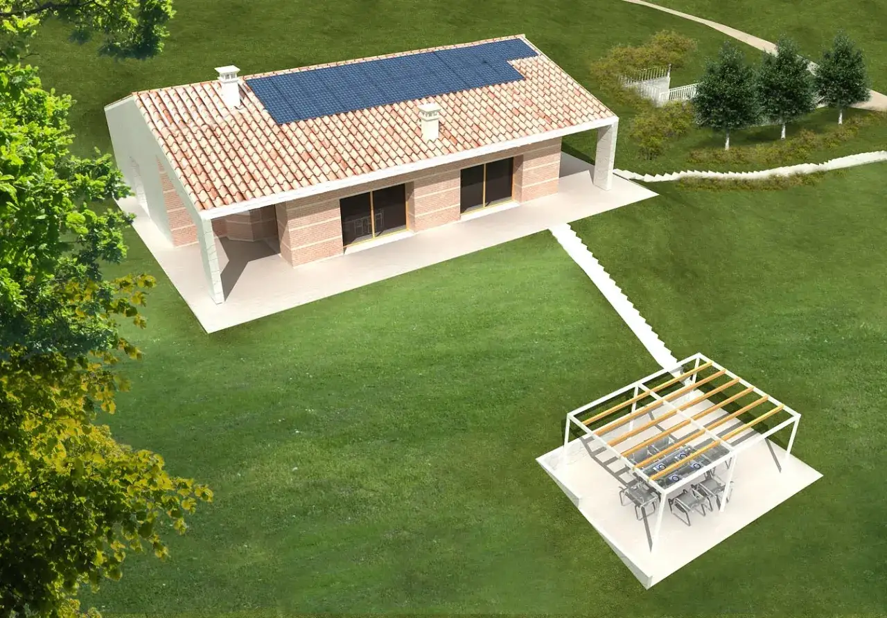 Esempi di casa ecosostenibile con pannelli solari sul tetto e un'area esterna coperta per il relax.