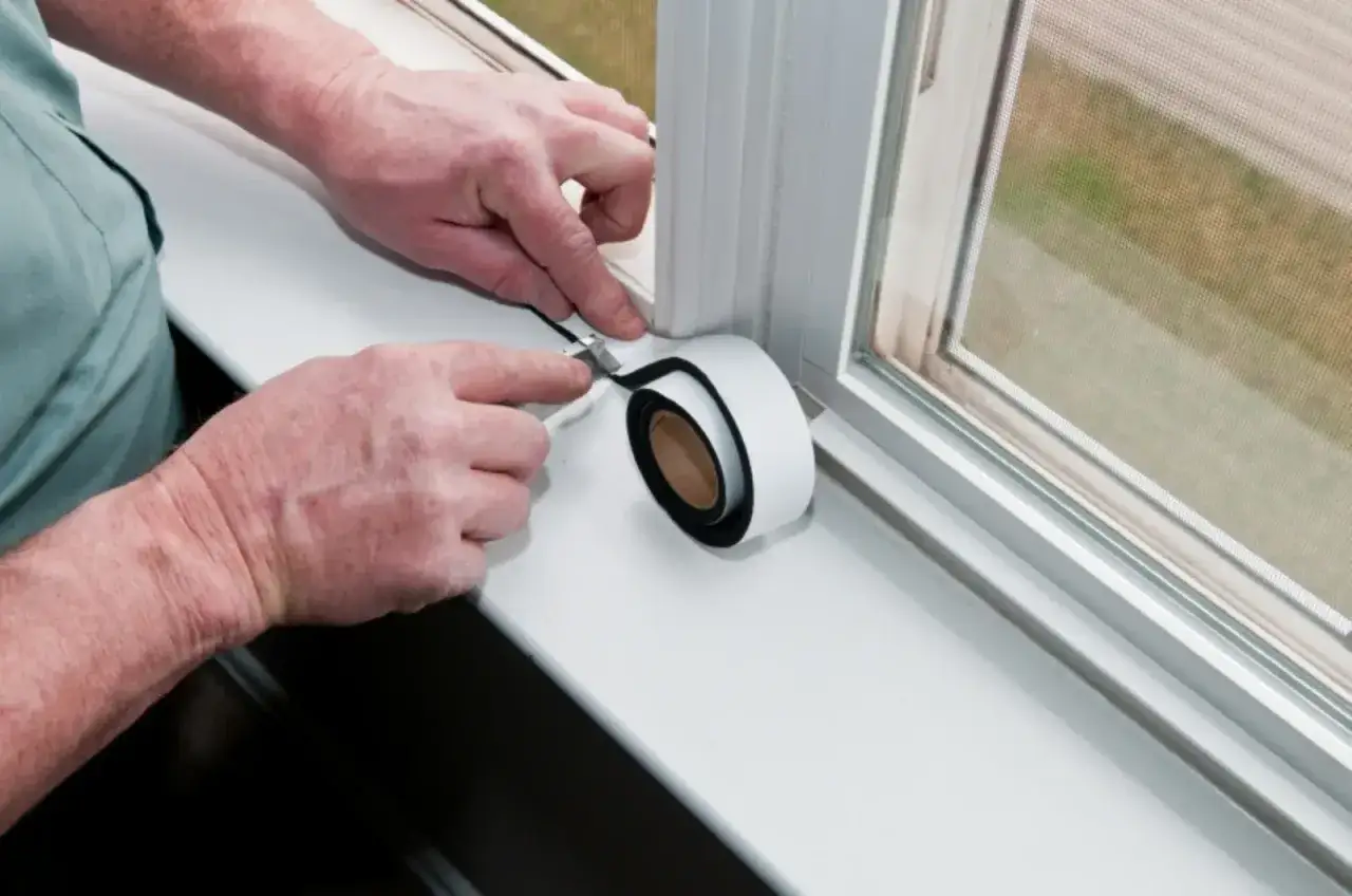 Mani applicano nastro isolante per come isolare finestre vecchie in alluminio.