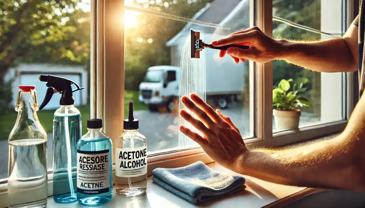 Rimozione colla dal vetro con alcool e acetone. Un raschietto pulisce la finestra mentre una mano tiene fermo il vetro.