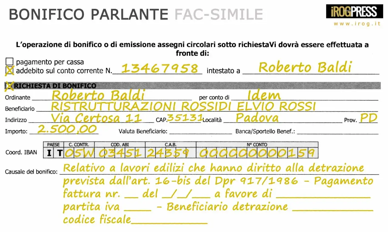 Bonifico per detrazione inferriate di sicurezza. Pagamento fattura n. 123 del 01/01/2023 a favore di Ristrutturazioni Rossidi Elvio Rossi.