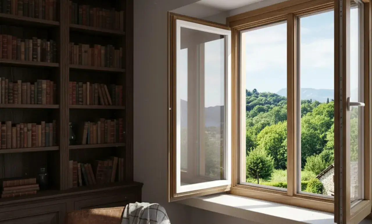 Finestra con infissi bicolore, un lato bianco e uno effetto legno, che si apre su un paesaggio verdeggiante. Ottime opinioni per unire stile e natura.