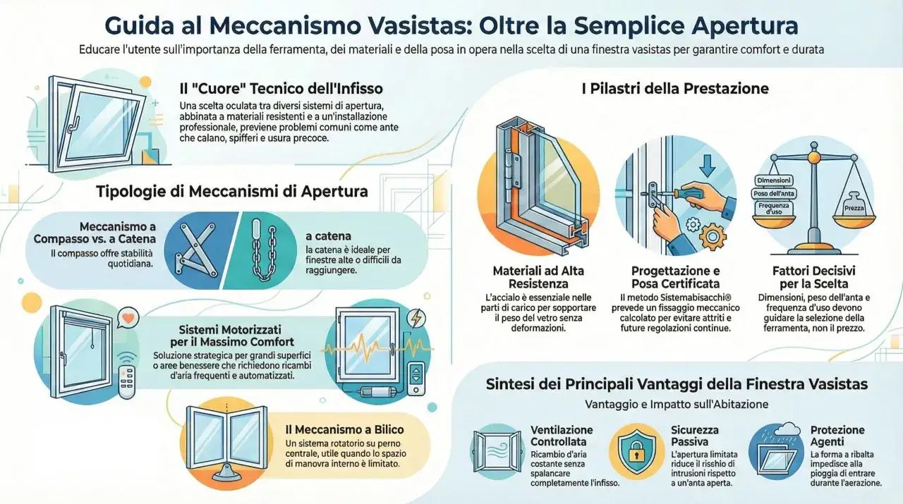 Una finestra basculante illustrata con vari meccanismi di apertura, materiali e vantaggi.