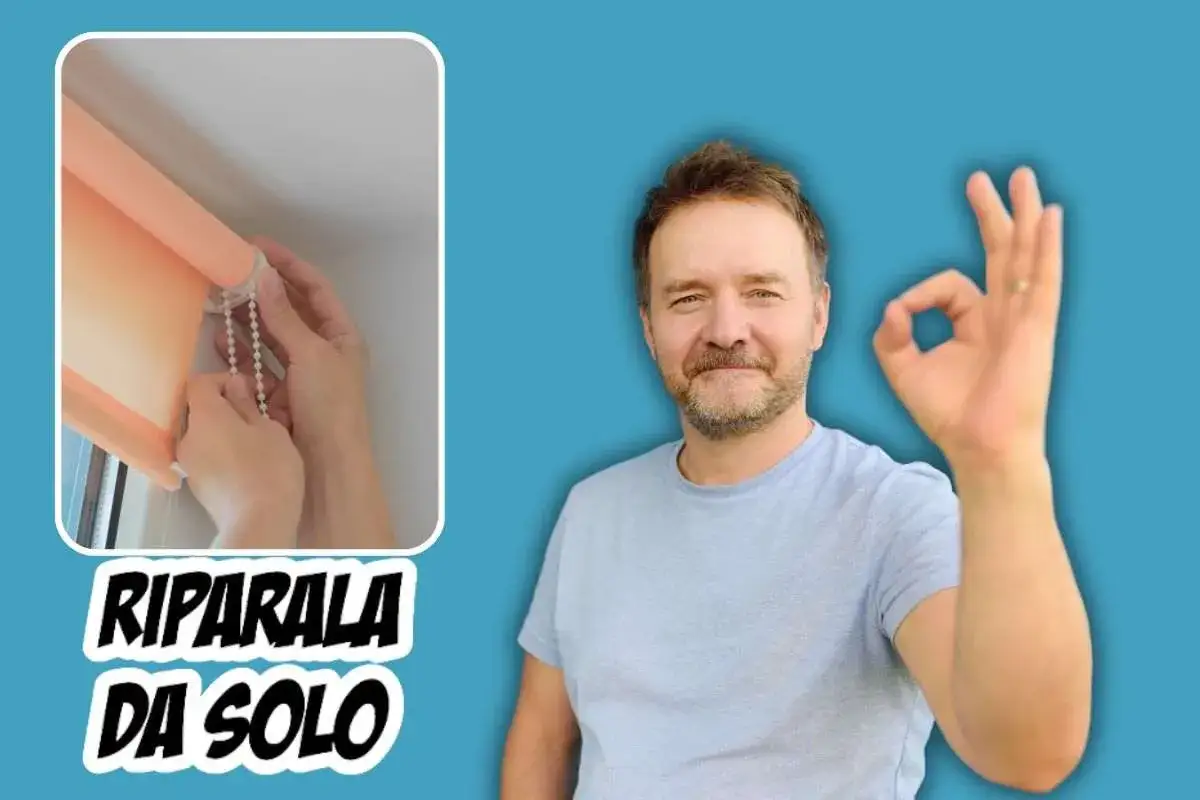 Mani che sostituiscono stecca tapparella rotta. Uomo sorridente fa segno OK. Riparala da solo!