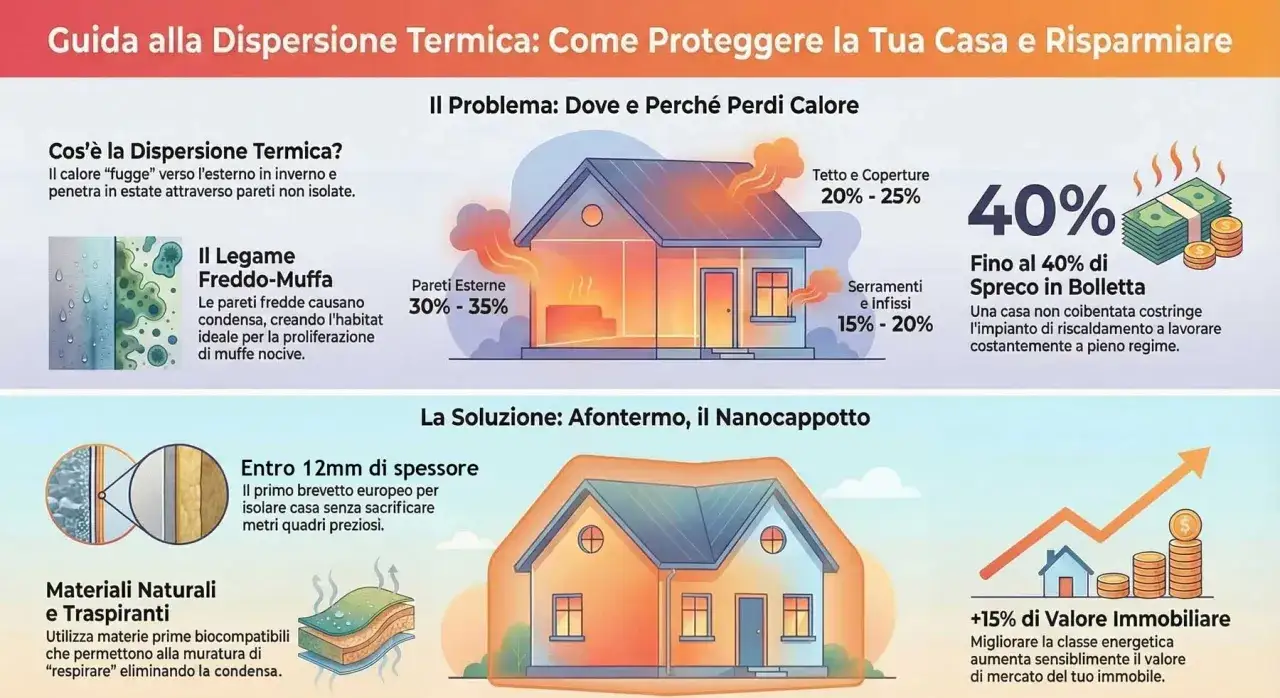 Guida alla dispersione termica: illustra come il calore fuoriesce dalle case, con focus su pareti, tetti e infissi, e come un buon isolamento riduce sprechi e aumenta il valore immobiliare, migliorando la trasmittanza termica.