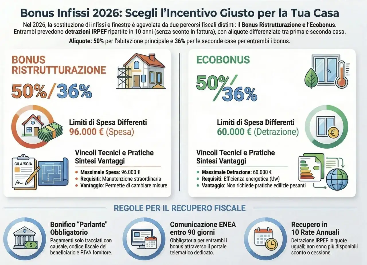Bonus Infissi 2026: scopri come funziona il bonus finestre con le detrazioni IRPEF del 50% o 36% per ristrutturazioni ed ecobonus.