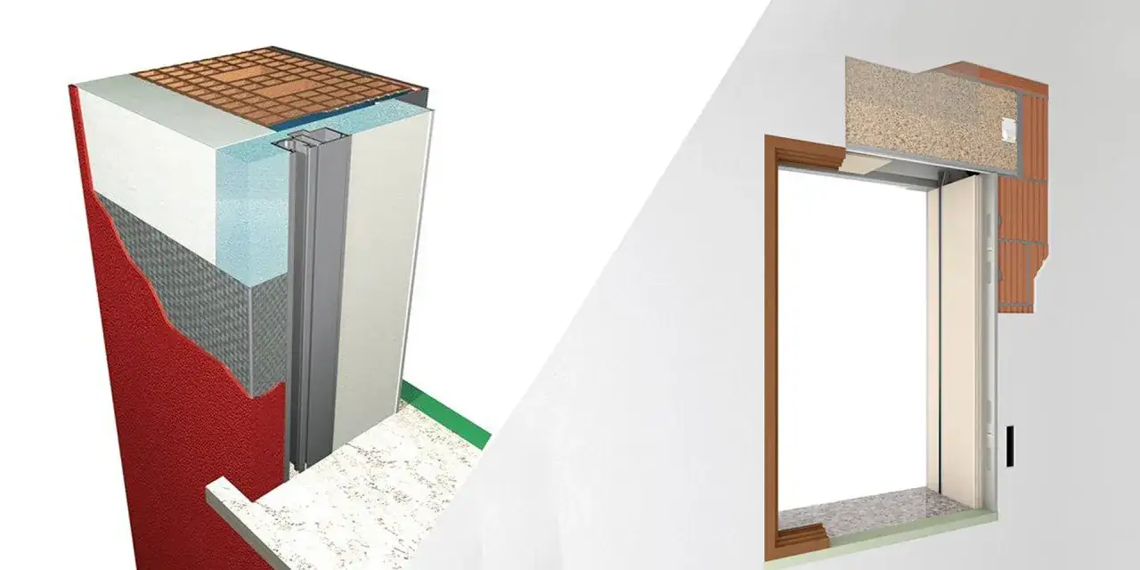Dettaglio costruttivo di una finestra filo muro interno, con strati isolanti e finiture.