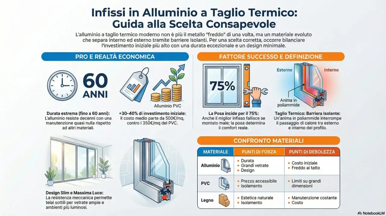 Infissi in alluminio: resistenti, durevoli (60 anni!), con design sottile. Nonostante l'investimento iniziale, l'alluminio è un'ottima scelta.