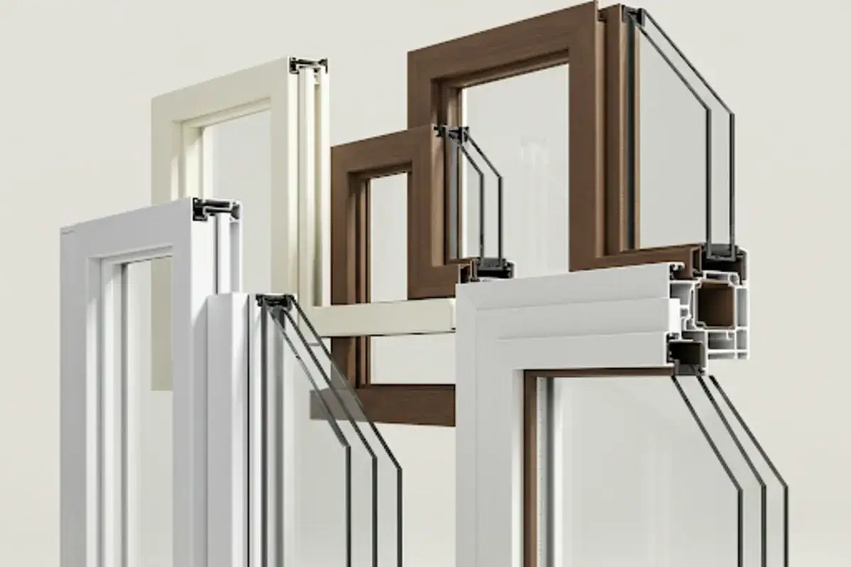 Sezioni di infissi in PVC e legno, con vetri doppi. Si nota la resistenza dei materiali, anche se gli infissi in PVC si deforma al sole.
