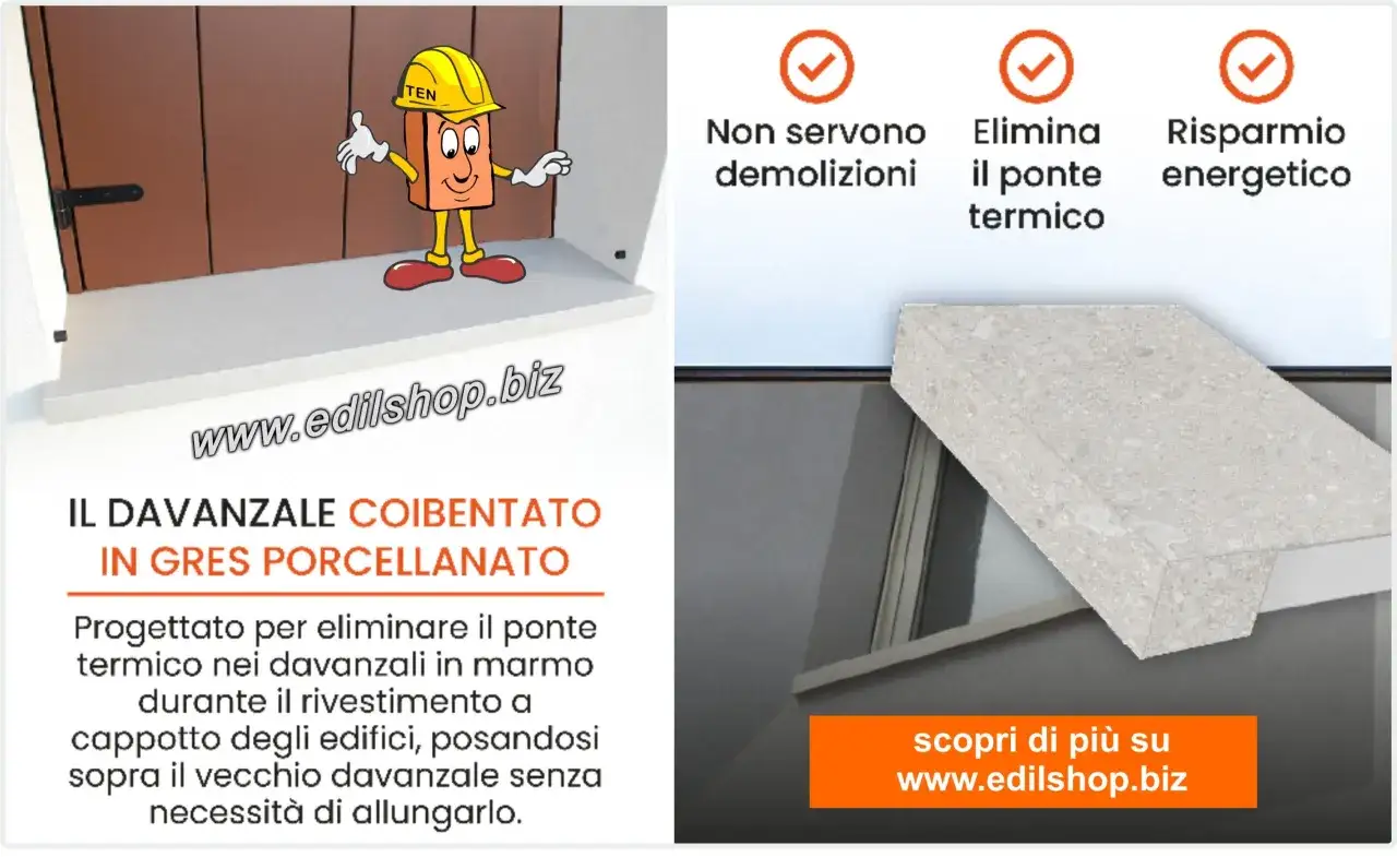 Didascalia: Davanzale coibentato in gres porcellanato: elimina il ponte termico senza demolizioni. Soluzione ideale per il cappotto termico.