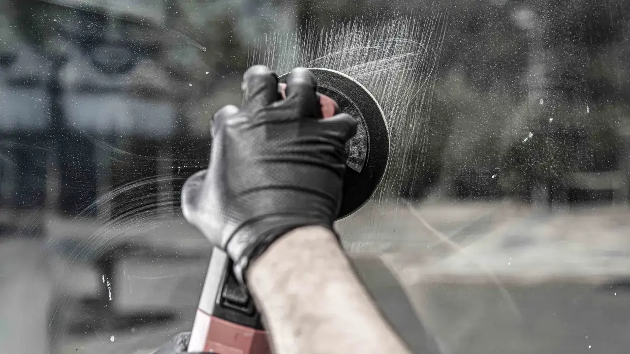 Mano guantata lucida un vetro graffiato con una lucidatrice, mostrando come togliere graffi dal vetro.